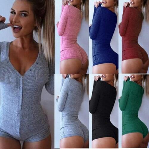 Womens Plunge V Neck Single-Breasted Sexy Long Sleeve Knit Sleepwear Bodysuit Short Romper Dress Leotard Versatile Comfortable