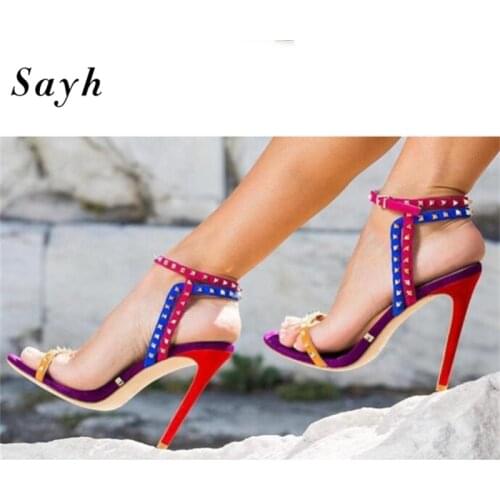 Women Rivet Color Match Open Toe Pumps Sandals Ankle Strap High Heel Stilettos Shoes Party Wedding Dress Shoes SIZE 46