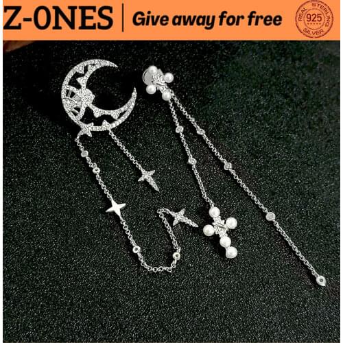 S925 sterling silver women silver moon-shaped zircon inlaid natural pearl tassel earrings luxury fashion monaco jewelry gift