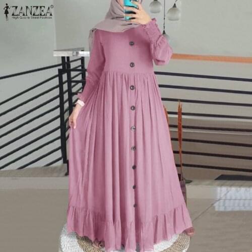 Kaftan Muslim Sundress ZANZEA Vintage Chiffon Dress Women 2021 Spring Ruffle Maxi Vestidos Casual Solid Puff Sleeve Ladies Robe