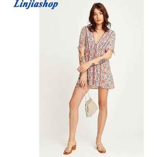 Spring Summer women mini dress loose rayon fabric floral print bohemian short dress femme vestidos