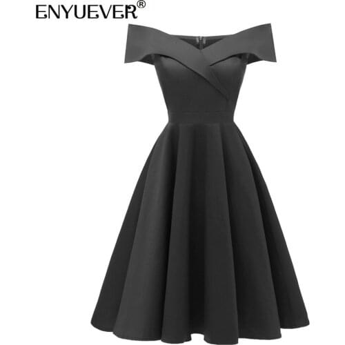 Enyuever Black Vintage Dress Women Clothing Off Shoulder Runway Tunic Midi Robe Pin Up Elegant Retro Dress Party Jurk Vestidos