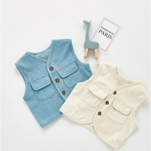 Toddler Baby Vest Kids Casual Solid Waistcoat Korean Pocket Denim Vest for Girls Boys Unisex Child Loose Soft Vests Baby Clothes