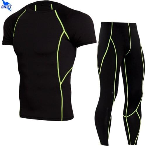 2020 Compression Mens Stretch Tracksuit Quick Dry Running Set Fitness Short Sleeve T-shirt+Pants Men Sportswear Gym Sports Suit