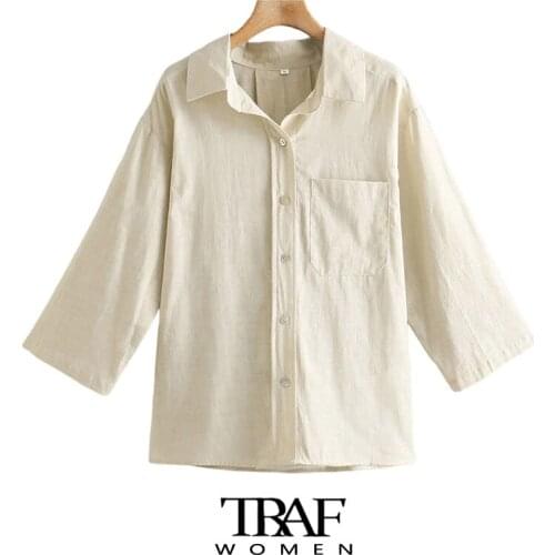 TRAF Za Women Fashion With Pocket Loose Linen Asymmetric Blouses Vintage Three Quarter Sleeve Female Shirts Chic Tops