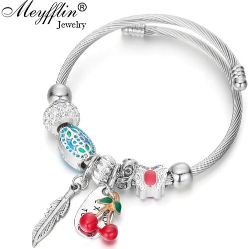 Meyfflin Crystal Bead Bracelets & Bangles with Cherry Leaf Pendant Antique Silver Color Bracelet for Women Wedding Charm Jewelry