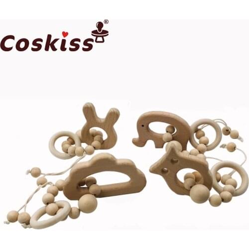 Baby Teether Bracelet Beech Wooden Animal Natural Teething Grasping Toy Silicone Bead Toddler Teether Newborn DIY Baby Gift