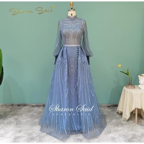 Luxury Dubai Grey Crystal Muslim Evening Dress Long Sleeve Overskirt High Neck Arabic Plus Size Women Wedding Party Formal Gowns