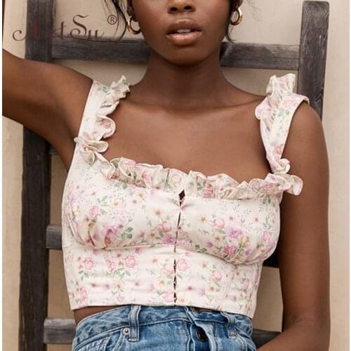 ArtSu Sweet Cute Floral Graphics Crop Tops Women Camisole 2020 Summer Sexy Tops Bohemia Ruffles Tank Top Party Wear