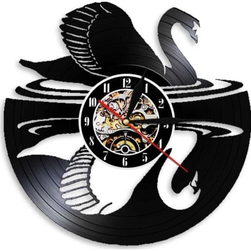 Swans Vinyl Record Wall Clock Animals LED Lighting Decorative Retro Mute Time Clocks Watch Housewarming Gift Home Decor Wall Art