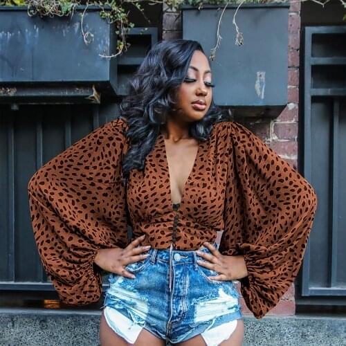 Fashion Womens Casual Deep V-Neck Leopard Printed Bat Sleeve Loose Long Sleeve Shirts Plus Size Blouses Blusas Femininas#35