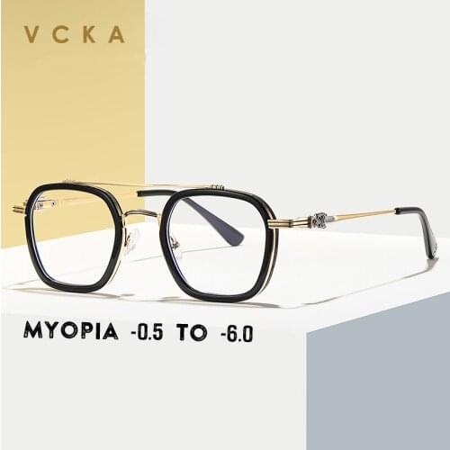 VCKA Myopia Glasses -0.5 To -6.0 Women Men Half Frame Anti Blue Light Metal Punk Frame Prescription Spectacles Nearsighted