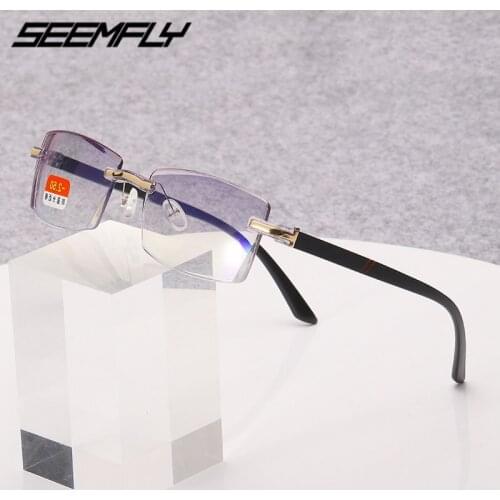 Seemfly Finished Myopia Glasses Frameless Trimming Eyewear Anti Blue Light TR90 Eyeglasses Goggle -1 To -4.0 Unisex 2021