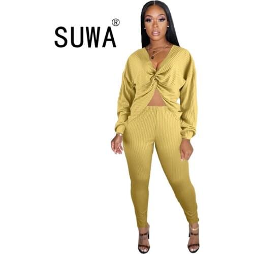 Solid color women sets 2 piece knit long sleeve chic top + high waist skinny pants trousers sweat suit sexy club outfits