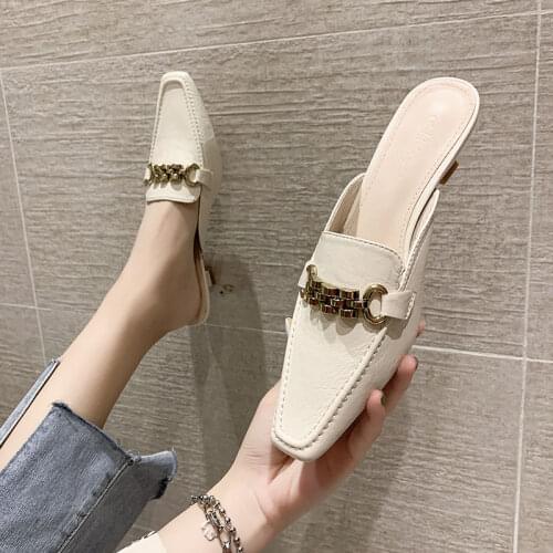 Women Slippers New Summer Low Heel Shoes Pointed Toe Female Slides Woman Outdoor Buckle Chain Shoe Flip Flops Pantuflas De Mujer