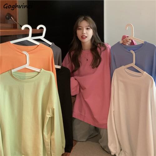 No Hat Hoodies Women Solid O-neck Fall Simple Thin Basic Colorful Chic Oversize Harajuku All-match Outwear Tops Sweatshirts New