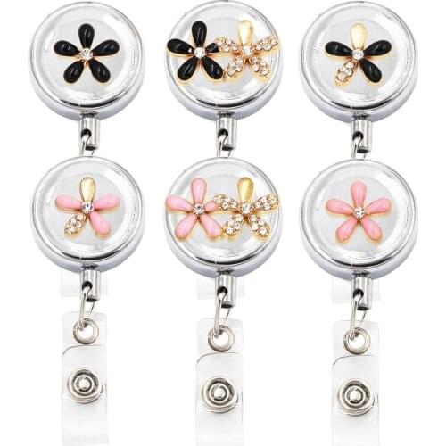 Flower Badge Reel ID Retractable Badge Holder Belt Clips Metal Heavy Duty Steel Wire Cord
