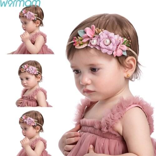 Warmom Pearl Baby Headbands Flower For Girls Handmade Nylon Elastic Hair Band Baby Hairband Headdress Newborn Hair Accessories