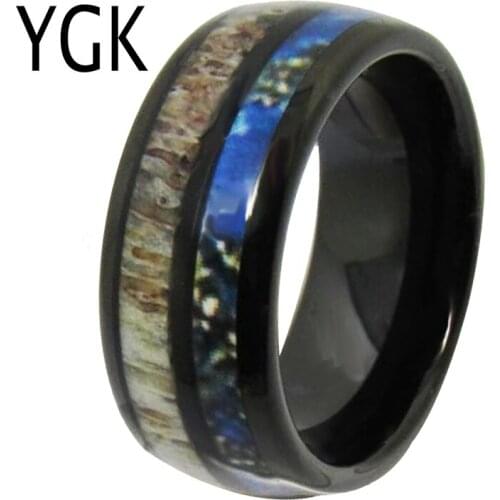 YGK Wedding Jewelry Deer Antler Inlay Black Dome Tungsten Rings for Mens Bridegroom Wedding Engagement Anniversary Ring