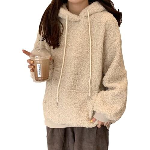 2020 New Autumn And Winter Imitation Lamb Plush Ladies Hoodie Loose Casual Cute Bear Ears Solid Pocket Drawstring Women Pullover