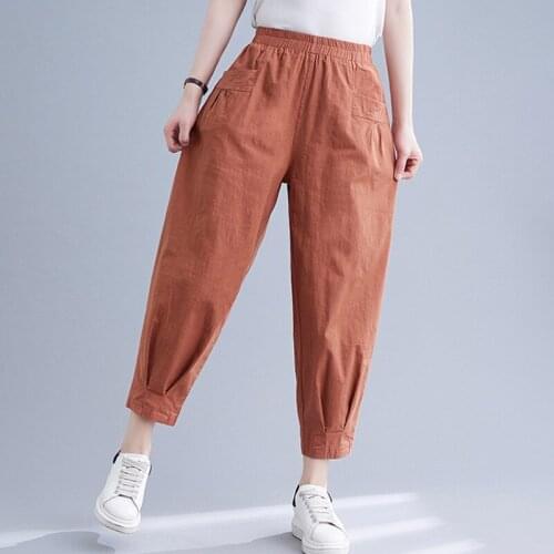 Women Summer Cotton Linen Casual Pants New 2021 Vintage Style Solid Color Elastic Waist Female Calf-length Harem Pants B736