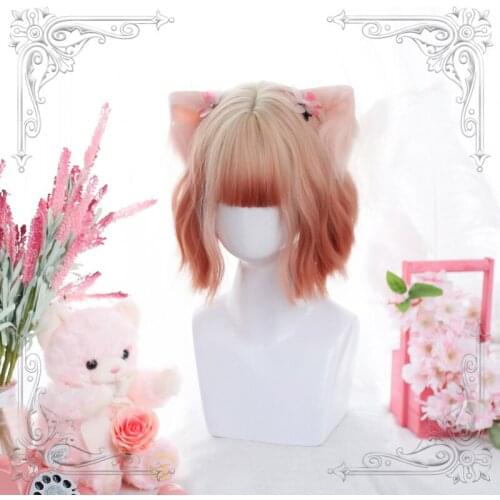 Female Short Wavy Bangs Lolita Wig Golden Orange Gradual Change And Light Brown Women Slight Curly Wigs Cosplay Party