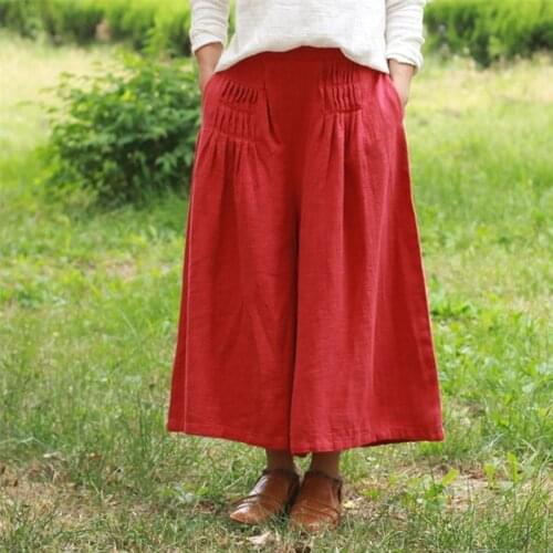 Johnature Women Vintage Wide Leg Pants Linen Solid Color Trouser 2021 New Spring Fold Patchwork Women Casual Loose Pants