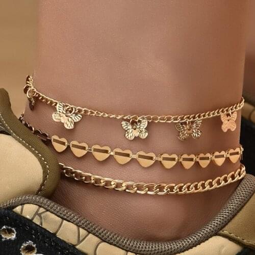 Fashion Multi-layer Gold Chain Ankle Bracelet Bohemian Cute Butterfly Heart Chain Anklets for Women Beach Anklet Foot Jewelry