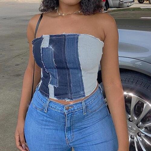 Sexy Crop Tops Women Sleeveless Lace Up Bandage Bustier Denim Patchwork Bandeau Tube Top Female