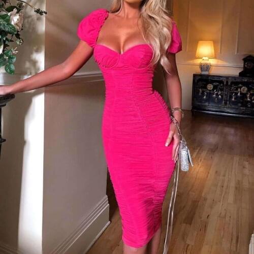 High Quality 2021 Summer New Womens Puff Sleeve Mesh Pleated Mid Dress Sexy Party Womens Dress Double Layer