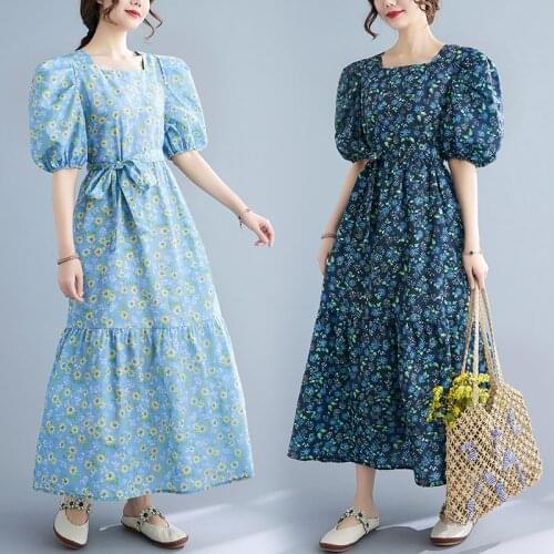 Summer Square Collar Ankle Length Womens Long Dress Vintage Palace Puff Sleeve Floral Dresses Ladies Print Clothes Female