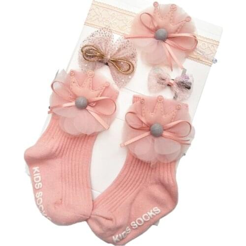 1 Set Flower Lace Soft Cotton Socks+Headband+Hairpins Gift Box Headwear Elastic Hair Band for Girls Princess Accessories