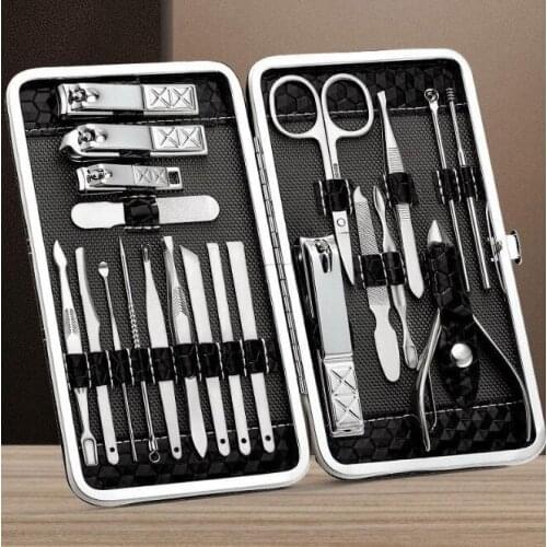 16Set/Lot Multi 21/18 Stainless Steel Nail Clippers Pedicure Tools Diamond Grain PU Bag Hand Foot And Face Manicure Set HA2180