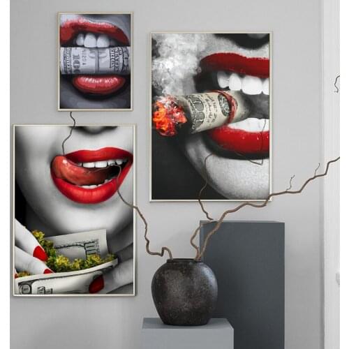 Abstract Sexy Girl Red Lips Gold Money Wall Art Canvas Painting For Living Room Decor Nordic Posters And Prints Wall Pictures