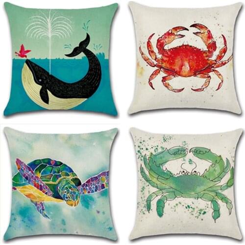 Watercolor Sea Turtle Crab Whale Printed Waist Pillowcase Animal Linen Sofe Pillow Cases Bed Chair Car Cushion Cover Home Decor