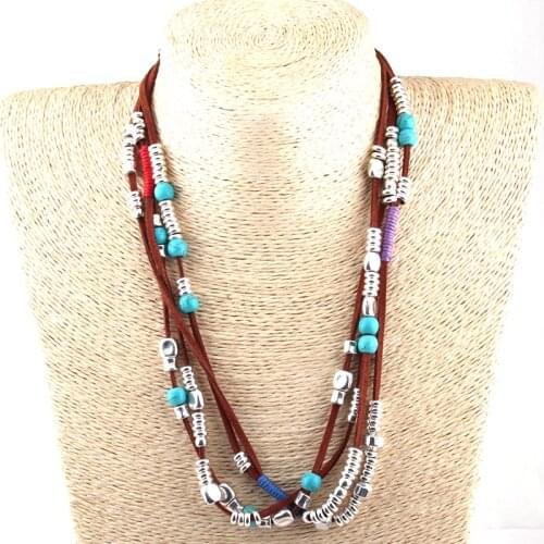Free Shipping Fashion Brown Rope Metal Charm And Stone Beads Chokers Necklaces Women Ethnic Necklace