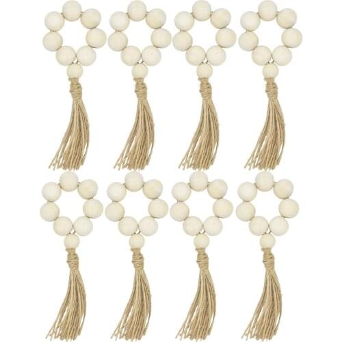 Farmhouse Beads Rustic Country Decor Handmade Hemp Rope Tassel String European Style 8pcs Wood Home Napkin Rings With Tassels