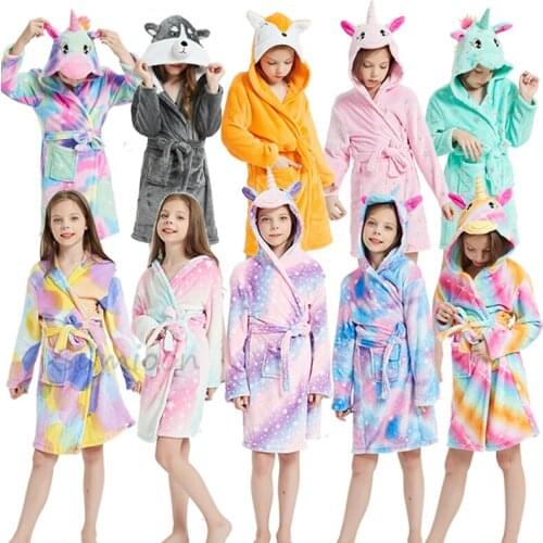 Kigurumi Unicorn Children Bathrobes Kids Rainbow Fox Hooded Bath Robe Animal For Boys Girls Pajamas Nightgown Kids Sleepwear
