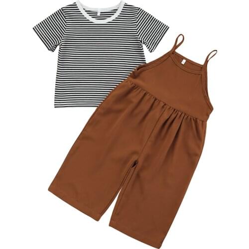OPPERIAYA 2Pcs Toddler Summer Outfits Baby Girls Striped Round Neck Short Sleeve T-shirt Sleeveless Solid Color Jumpsuit