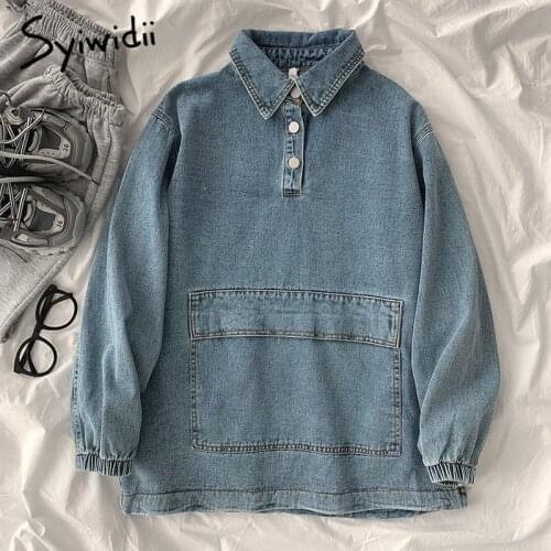 Syiwidii Denim Coats Women Long Sleeve Pullover Jean Jacket Fashion Female Vintage Loose Outwear Button Up Turn-down Collar Tops
