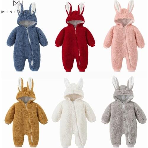 Ins Baby Thickened Clothes For Girls 2021 Winter Newborn Rompers With Zipper Autumn Jumpsuits With Big Ears Warm Unisex Clothing