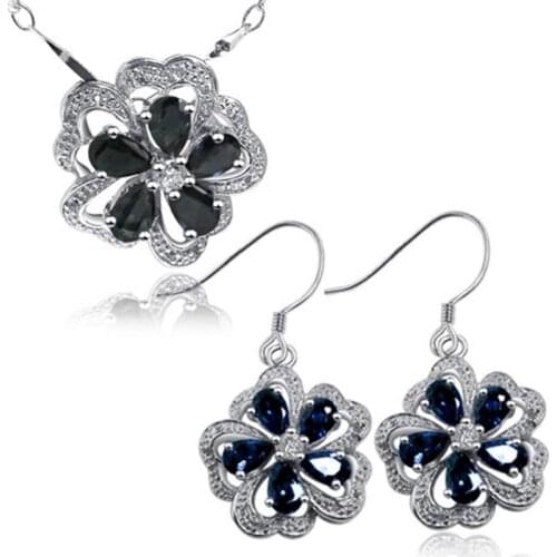 Fashion Cute Midnight Blue Sapphire Flower Shape Jewelry Sets Ring Genuine Gem Stone Pendant Necklace Sterling 925 Silver Set