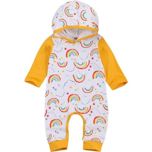 Cute Infant Baby Girl Boy Hooded Jumpsuit Cute Rainbow Print Yellow Patchwork Long Sleeve Romper Playsuit