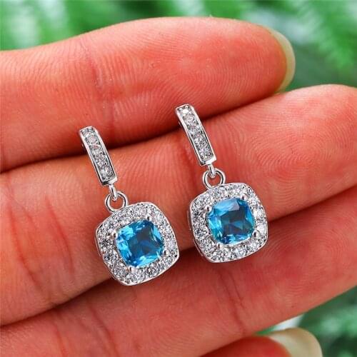 Fashion Gradient Zircon Square Stud Earrings For Women Silver Color Blue Red Purple Rainbow Fire Crystal Earrings Wedding Studs