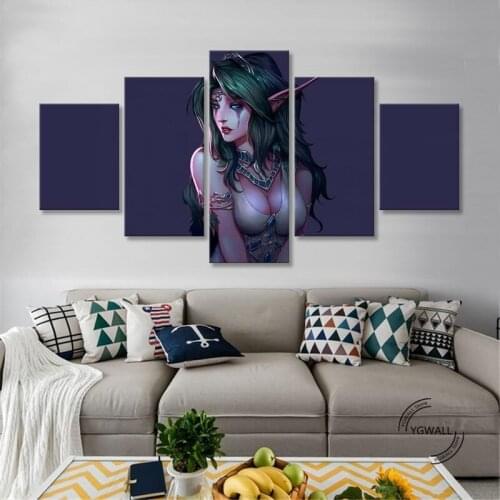 Wow Night Elves Tyrande Whisperwind Print Picture Home Wall Art Modular Poster 5 Panel Painting On Canvas Living Room Decor