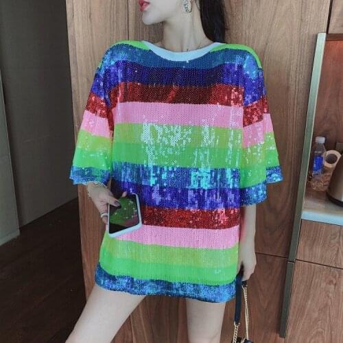 New Plus Size Rainbow Striped TShirt Women Sequined Embroidery Mesh T-shirts Short Sleeve Tees Summer Long T-Shirt Oversize Tops