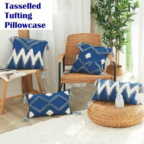 New Nordic Blue Tufting Tasselled Pillowcase Luxury Geometric Embroidery Cotton Throw Pillow Case Home Decor Modern Sofa Cushion