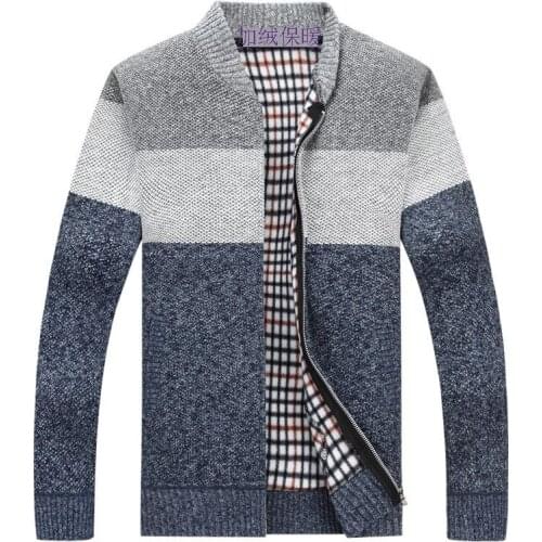 Autumn and winter mens cardigan zipper sweater thickening plus velvet color matching loose casual warm sweater jacket jacket