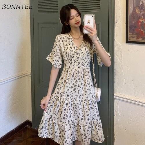Dress Women Sweet Cute Japanese Style Floral Ruffled Wrap A-line V Neck Short Sleeve Summer High Waist Bohemian Midi Vestido Ins