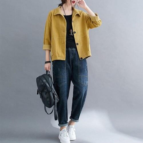 Plus Size Womens Clothing Short Jacket New 2021 Female Spring Autumn Retro All-Match Coat Casual Ladies Jacket Corduroy Top